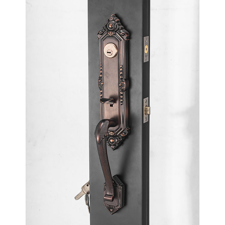 Manija de puerta de palanca de latón antiguo de cilindro simple o doble con cerradura de puerta de embutir de placa Juego de manija de aleación de zinc